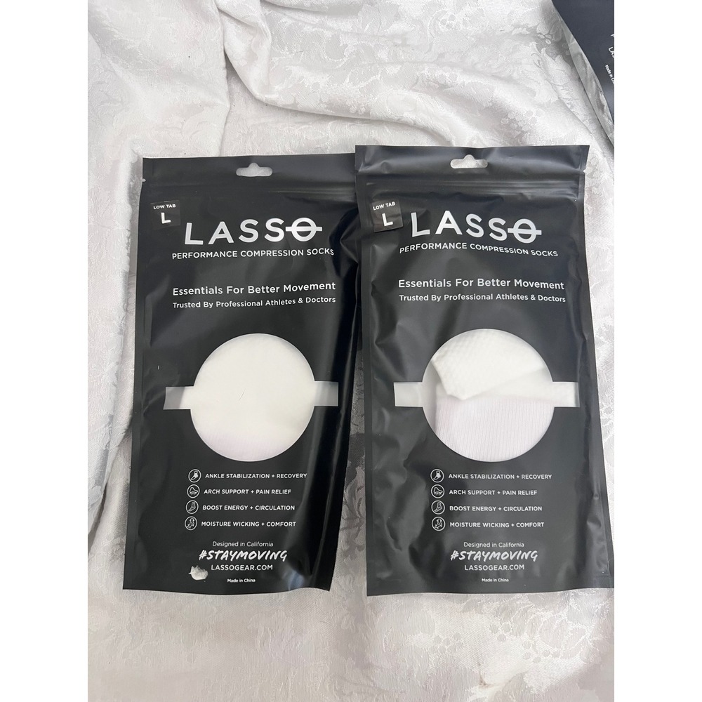 Lasso Performance Compression Socks Low Tab White Black Large Ankle Support 2pk
